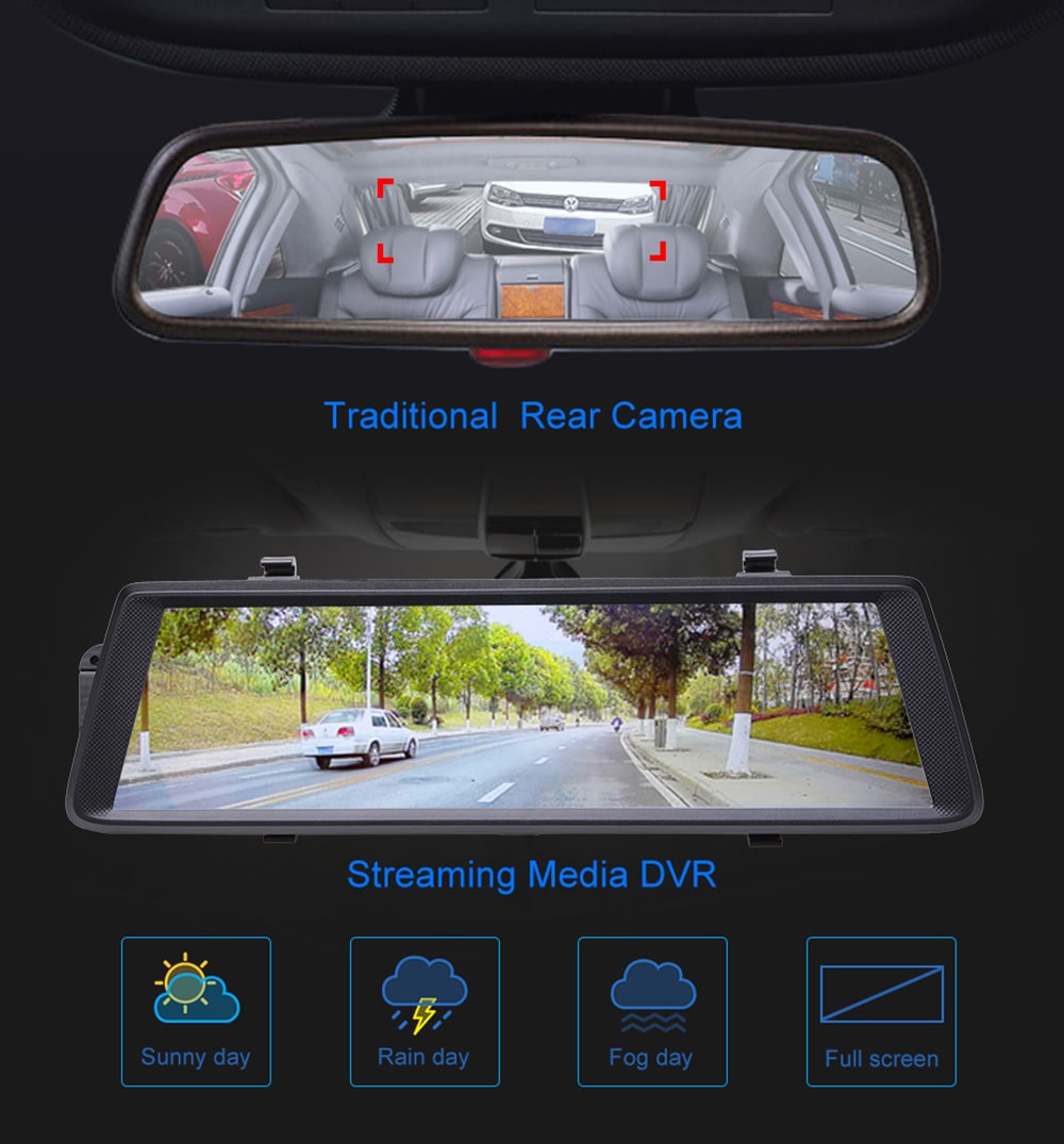 Junsun A900P 10 inch Touch Screen HD 1080P DVR Dual Lens Rearview Mirrors Driving Car Recorder with Parking Monitor and Seamless Loop Records Functions- Black