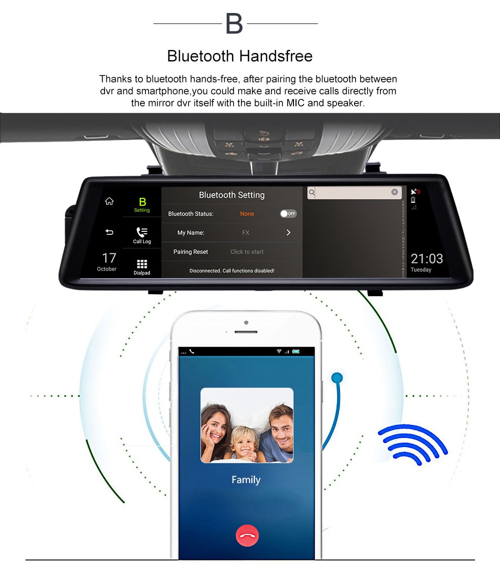 Junsun A900 Car DVR Camera Mirror 3G 10 inch Full Touch Android 5.0 Quad Core GPS WiFi Dual Lens- Black