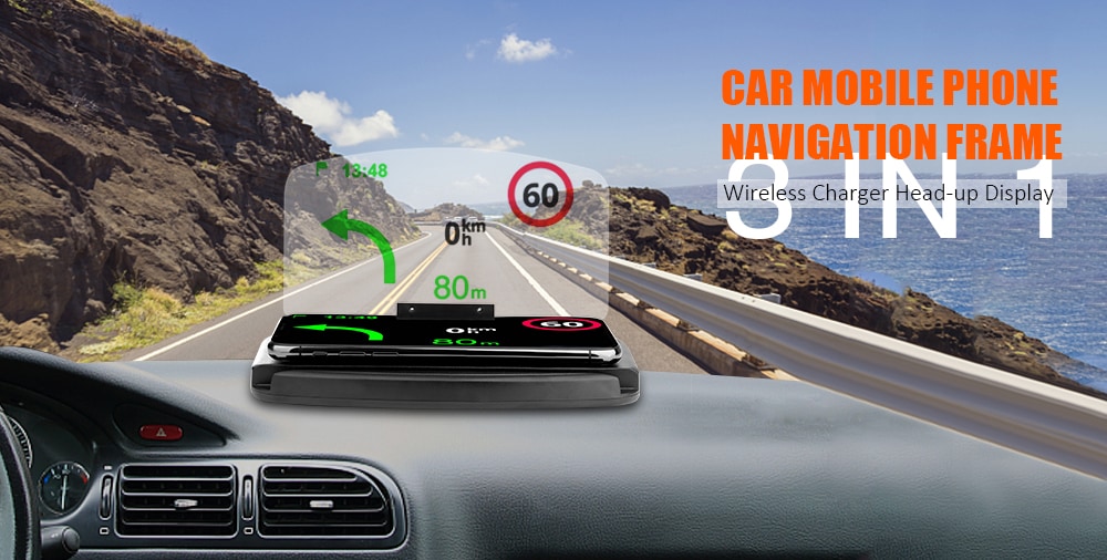 Car Mobile Phone Navigation Frame Wireless Charger Head-up Display- Black