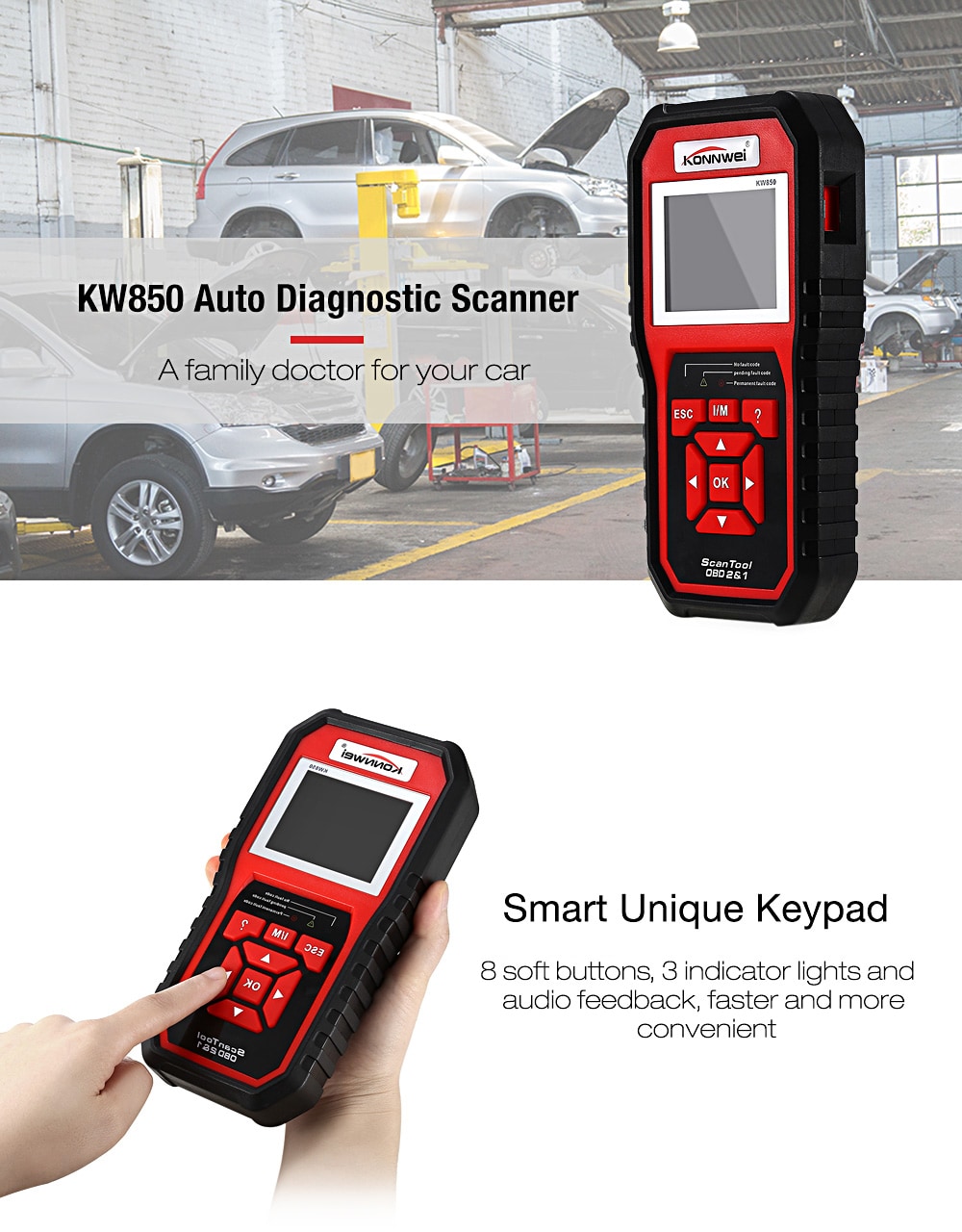 Konnwei KW850 Universal OBD II / EOBD Auto Diagnostic Scanner TFT Color Display / Multiple Languages - Red