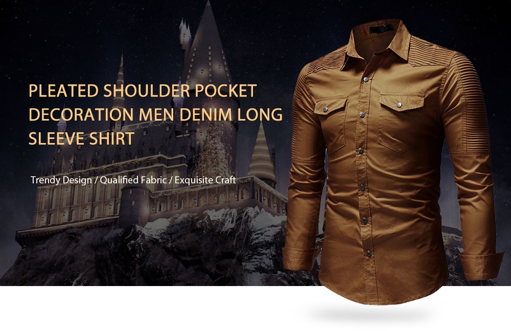 Pleated Shoulder Pocket Decoration Men's Denim Long Sleeve Shirt- Black M