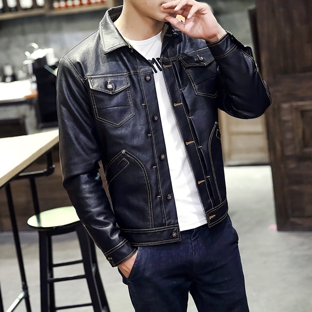 Winter Men's Casual Pu Leather Multi-Pocket Turn-Down Leather Jacket- Coffee M