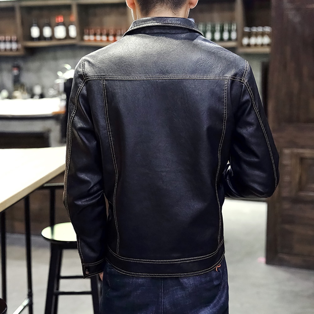 Winter Men's Casual Pu Leather Multi-Pocket Turn-Down Leather Jacket- Coffee M