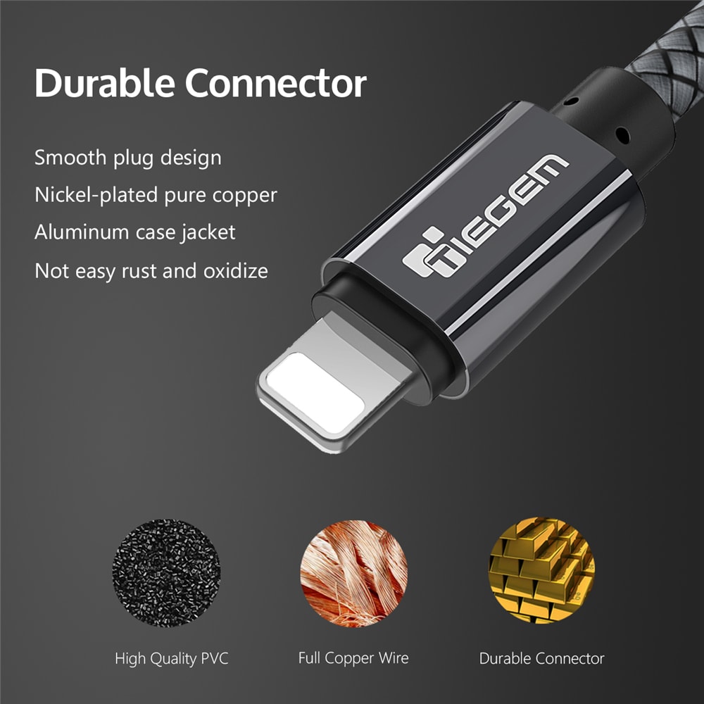 TIEGEM USB Cable for iPhone 6 7 8 Plus X XS 2A Fast Charging Mobile Phone Cables- Dark Gray 25cm