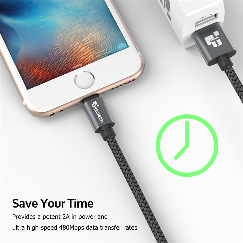 TIEGEM USB Cable for iPhone 6 7 8 Plus X XS 2A Fast Charging Mobile Phone Cables- Dark Gray 25cm