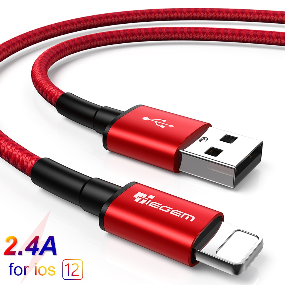 TIEGEM USB Cable for iPhone XS Max 2.4A Fast Charging USB Data Cable- Red 30CM