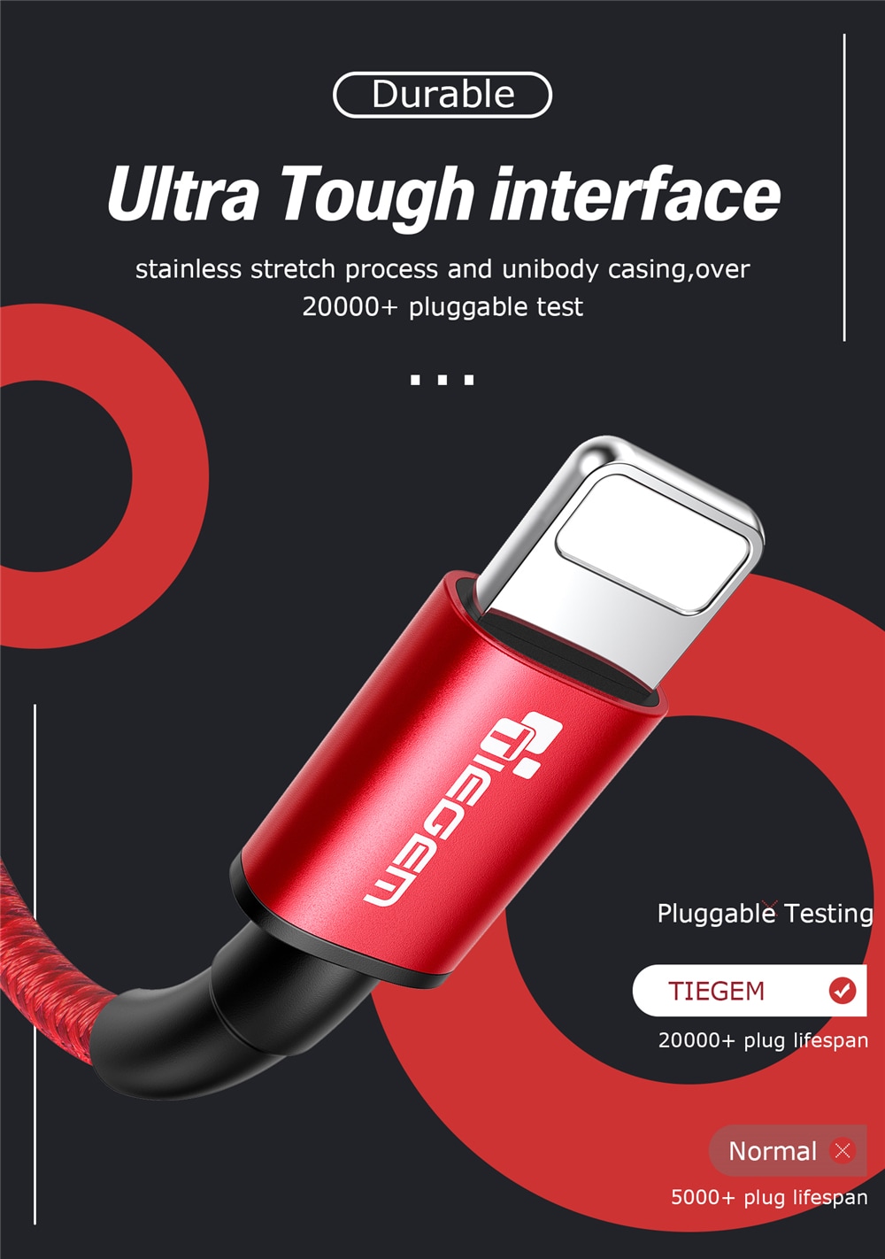 TIEGEM USB Cable for iPhone XS Max 2.4A Fast Charging USB Data Cable- Red 30CM